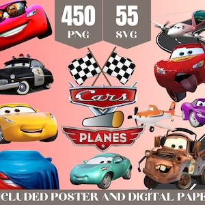 Cars Planes Png Clipart Bundle, Cars Svg, Lightning Mcqueen Png Layered Svg , Cars Poster Papel digital, McQueen Sticker Party Decoraciones