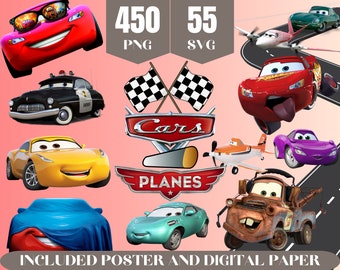 Cars Planes Png Clipart Bundle, Cars Svg, Lightning Mcqueen Png Layered Svg , Cars Poster Digital Paper, McQueen Sticker Party Decorations