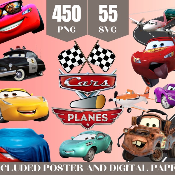 Cars Planes Png Clipart Bundle, Cars Svg, Lightning Mcqueen Png Layered Svg , Cars Poster Digital Paper, McQueen Sticker Party Decorations