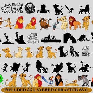 May include: A set of 55 layered character SVG files featuring characters from the Disney movie The Lion King. The characters include Simba, Nala, Mufasa, Scar, Timon, Pumbaa, and more. The SVG files are perfect for creating custom crafts, projects, and designs.