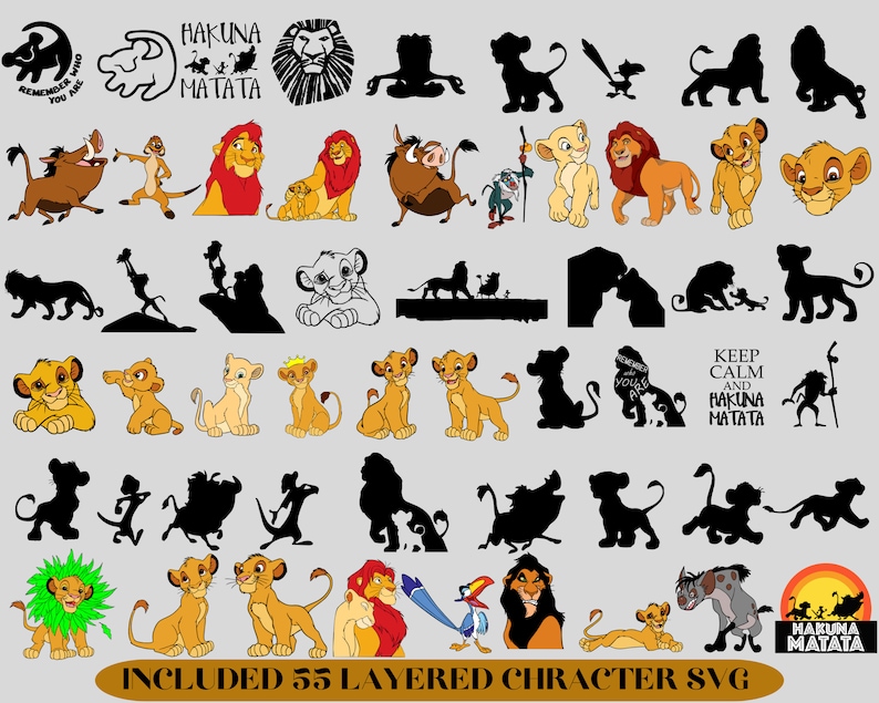 May include: A set of 55 layered character SVG files featuring characters from the Disney movie The Lion King. The characters include Simba, Nala, Mufasa, Scar, Timon, Pumbaa, and more. The SVG files are perfect for creating custom crafts, projects, and designs.