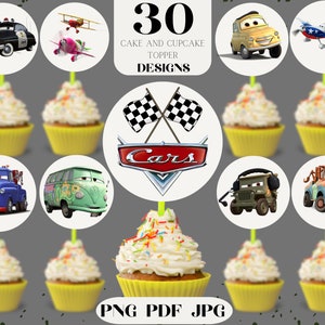 カーズ プレーンズ ケーキとカップケーキ トッパー PNG クリップアート バンドル、ライトニング マックィーン ケーキとカップケーキ トッパー PDF 印刷用、カーズ JPG、デジタル ダウンロード