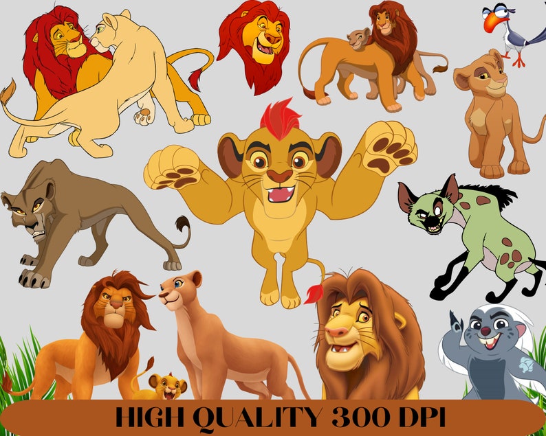 May include: A collection of cartoon lion characters from the Lion King movie franchise. The characters include Simba, Nala, Mufasa, Sarabi, Scar, and Zazu. The characters are all in various poses and expressions.