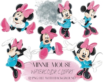 Minnie Mouse watercolor png clipart, cute watercolor minnie mouse png file bundles, minnie mouse watercolor clipart bundle, minnie mouse