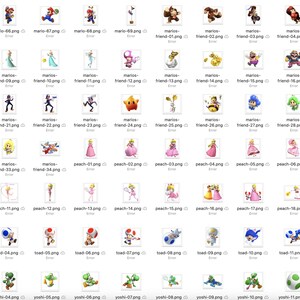 May include: A collection of 60 colorful digital images featuring characters from the Super Mario video game franchise. The images include Mario, Luigi, Peach, Toad, and Yoshi in various poses and outfits.