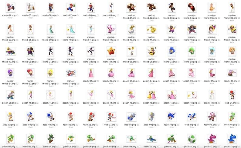 May include: A collection of 60 colorful digital images featuring characters from the Super Mario video game franchise. The images include Mario, Luigi, Peach, Toad, and Yoshi in various poses and outfits.