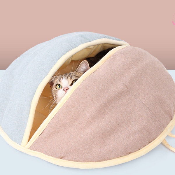 Round Cotton Pet Bed | Linen Wool Warm Semi Enclosed Pet Nest For Cat Small Dog