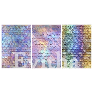 May include: Three panels with a repeating pattern of iridescent, overlapping scales. The scales shift in color from blue to purple, pink, green, and gold, creating a shimmering effect. The panels are arranged side by side.