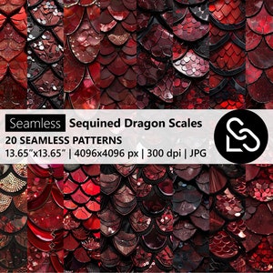 May include: A digital art image featuring 20 seamless patterns of sequined dragon scales in shades of red and burgundy. The image includes text that reads "Seamless Sequined Dragon Scales" and "20 SEAMLESS PATTERNS" with dimensions of 34.67cm x 34.67cm.