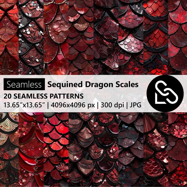 Seamless Red Sequined Dragon Scales Textures - red, black, ruby, burgundy sequins - digital paper backgrounds for commercial use