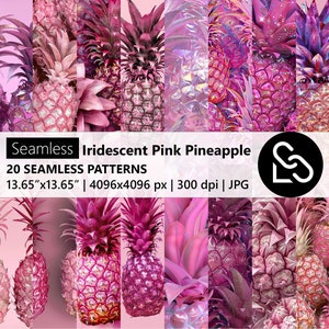 Könnte beinhalten: Eine Sammlung von rosa Ananas-Mustern. Das Bild zeigt verschiedene Rosatöne von Ananas, einige mit schillerndem Effekt. Der Text überlagert "Seamless Iridescent Pink Pineapple" und "20 SEAMLESS PATTERNS" mit den Maßen 34.67cm x 34.67cm.