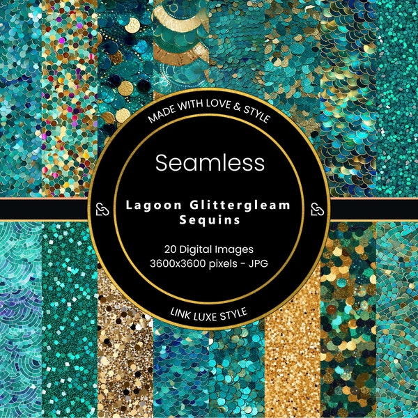 Seamless Gold & Blue Sequins Textures - Lagoon Glittergleam shiny, turquise, golden glitter digital paper backgrounds for commercial use