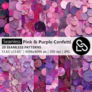 Puede incluir: Un collage de patrones de confeti rosa y morado. La imagen presenta varios círculos rosas y morados con detalles de purpurina. El texto en la parte superior dice "Seamless Pink & Purple Confetti" y "20 SEAMLESS PATTERNS". Las dimensiones de la imagen son 34.67cm x 34.67cm.