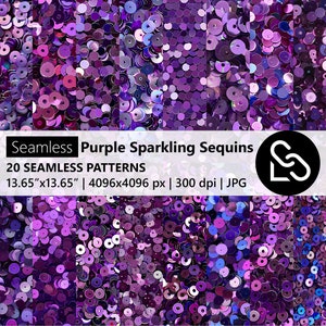May include: A collection of seamless purple sparkling sequin patterns. The image displays 20 patterns with a resolution of 4096x4096 pixels, each measuring 13.65 inches by 13.65 inches. The image is a JPG file with a 300 dpi resolution.