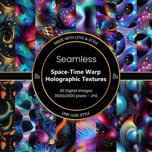 Puede incluir: Una colección de 20 imágenes digitales con texturas holográficas de deformación espacio-temporal sin costuras. Los diseños muestran colores vibrantes como azul, morado, dorado y verde azulado, con patrones arremolinados y elementos cósmicos. El texto de la imagen dice "Seamless Space-Time Warp Holographic Textures."