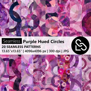 May include: A digital art image featuring 20 seamless patterns of purple-hued circles. The patterns are in various shades of purple, pink, and magenta, with a watercolor effect. The image dimensions are 13.65" x 13.65".