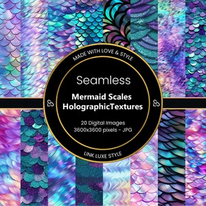 May include: A collection of 20 digital images featuring seamless mermaid scales with holographic textures. The color palette includes shades of teal, purple, and blue. The text on the image reads "Seamless Mermaid Scales Holographic Textures".