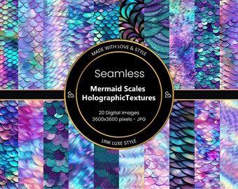 May include: A collection of 20 digital images featuring seamless mermaid scales with holographic textures. The color palette includes shades of teal, purple, and blue. The text on the image reads "Seamless Mermaid Scales Holographic Textures".