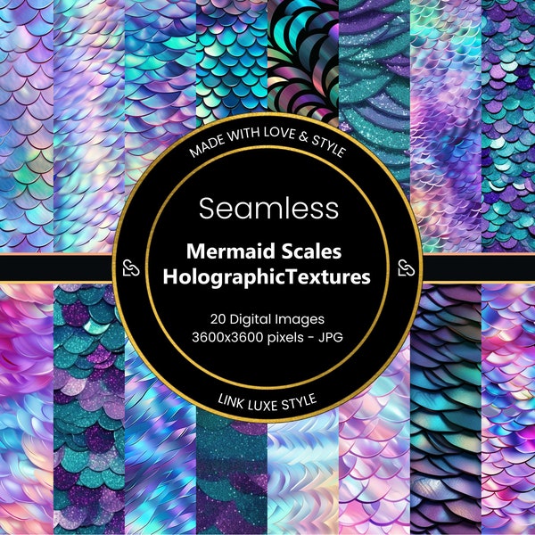 Seamless Mermaid Scales - Holographic Textures - 20 - 12''x12'' - Commercial use - Digital paper backgrounds