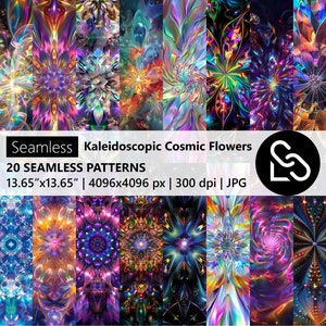 May include: A collection of 20 seamless patterns featuring kaleidoscopic cosmic flowers in vibrant colors. The patterns are displayed in vertical panels, showcasing intricate floral designs with dimensions of 13.65"x13.65". The image includes the text "Seamless Kaleidoscopic Cosmic Flowers".