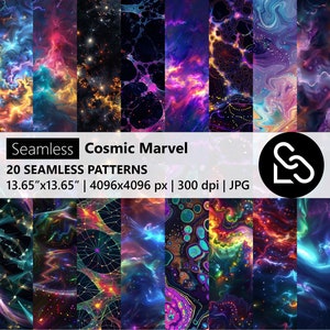 Op de afbeelding: Een verzameling van 20 naadloze patronen met een kosmisch thema. De patronen tonen levendige kleuren en wervelende ontwerpen die doen denken aan nevels en melkwegstelsels. De afbeelding bevat de tekst "Seamless Cosmic Marvel" en afmetingen van 34,67 cm x 34,67 cm.