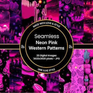 May include: A collection of seamless neon pink Western-themed digital patterns. The designs feature cacti, cowboy hats, and desert landscapes in a vibrant, eye-catching style. The image includes the text "Seamless Neon Pink Western Patterns".