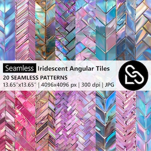 May include: A digital art image showcasing 20 seamless patterns of iridescent angular tiles. The tiles are arranged in a herringbone pattern, with a variety of colors including pink, purple, blue, and green. Each tile measures 13.65" x 13.65".