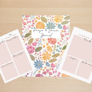 May include: A floral-patterned prayer and sermon journal with coordinating pages. The journal cover features a white background with colorful flowers. The pages include sections for prayers, scripture, and sermon notes.