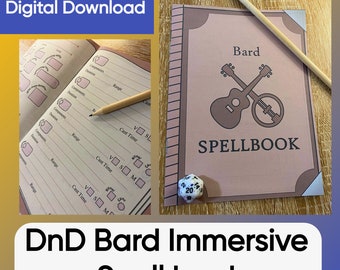 May include: A brown and tan Dungeons and Dragons Bard spellbook with a guitar and banjo symbol on the cover. The book is open to a page with a section for spell information, including components, duration, range, and cast time. A white 20-sided die is on the table next to the book.