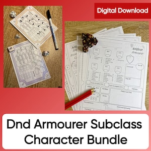May include: Printable Dungeons and Dragons character sheet bundle for the Artificer Armourer subclass. The bundle includes a character sheet, a spell sheet, and a features and traits sheet. The sheets are black and white and have a honeycomb pattern.