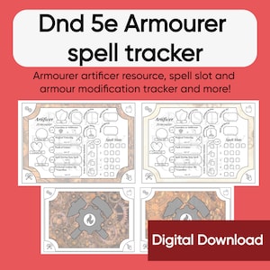 May include: Printable Dungeons and Dragons (D&D) character sheet for an Armourer Artificer. The sheet is in black and white and features a stylized image of a hammer and a gear with a flame in the center. The sheet includes sections for tracking hit points, spell slots, and armor modifications.