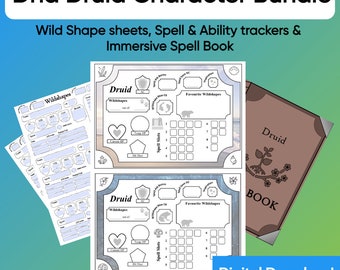 May include: A Dungeons and Dragons Druid character bundle featuring character sheets, spell trackers, and an immersive spell book. The bundle includes Wild Shape sheets, spell and ability trackers, and an immersive spell book. The text "Digital Download" is visible.