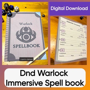 May include: A printable Dungeons and Dragons Warlock spellbook with a brown cover and a blue eye graphic. The text "Warlock" and "SPELLBOOK" is printed on the cover. The text "Eldritch Arcanum" is printed on the inside of the book.
