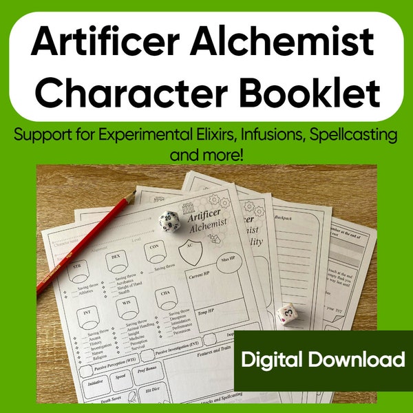 DnD Artificer Alchemist Character booklet - Dungeons and Dragons Digital Character Sheet – Form-Fillable & Printable PDF