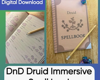 Puede incluir: Un libro de hechizos de druida de Dungeons and Dragons imprimible con una cubierta marrón y el texto "Druid Spellbook". La imagen también muestra una página de libro de hechizos en blanco con secciones para componentes, duración, alcance y tiempo de lanzamiento.