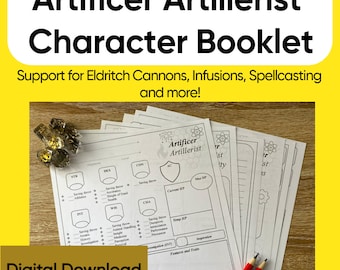 May include: A printable character sheet for the Artificer Artillerist class in Dungeons and Dragons. The sheet is black and white and features a stylized atom symbol. The text "Artificer Artillerist" is at the top of the sheet. The text "Support for Eldritch Cannons, Infusions, Spellcasting and more!" is below the title. The sheet includes sections for ability scores, saving throws, skills, and more.