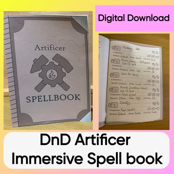 DnD Artificer Immersive Spell book with Spell slot trackers – Dungeons and Dragons 5e – Digital Download Printable PDF