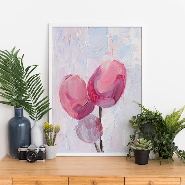 Art mural tulipe, peinture à l'huile de tulipe, affiche fleur rose, art mural fleur imprimable, art mural numérique, téléchargement numérique JPG, affiche tulipe rose