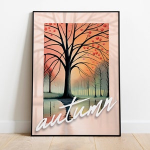 Arte de pared de otoño, cartel de árbol, cartel de otoño de acuarela, arte de pared imprimible, arte digital, pintura de árboles, arte de pared de hojas de otoño, decoración