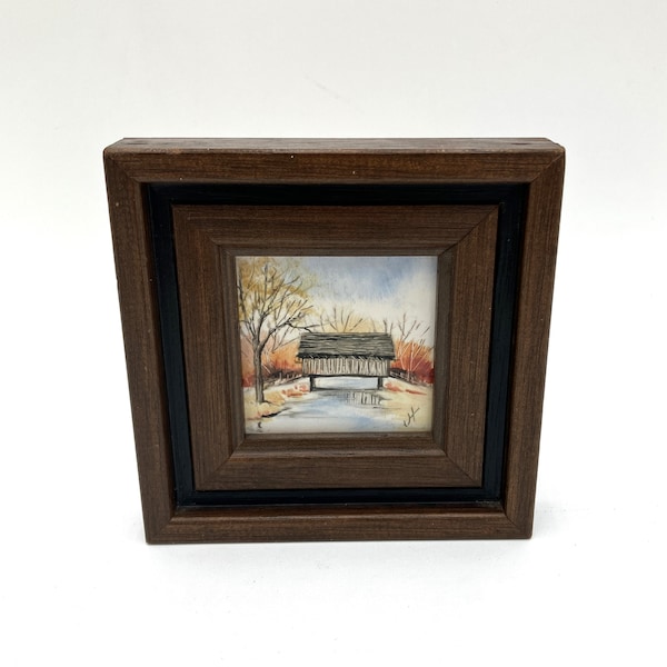 Miniature Wood Framed Hand-Painted Tile Originals by Joyce Covered Bridge 4" x4"