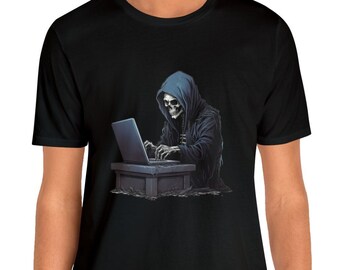 Web developer shirt, Gothic skeleton sitting at laptop and coding, Programmer shirts, Engineer gifts