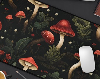 Witchy Botanical Mouse Pad, Cottagecore Mushroom Pattern Desk Mat, Dark Academia Aesthetic, Green Witch Desk Pad