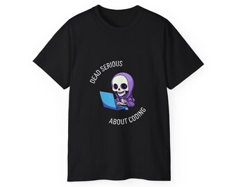 Funny Programmer Shirts | Dead Serious About Coding | Cute Skeleton Coder in a Hoodie | Web Developer Gifts | Programmer Engineering Tees