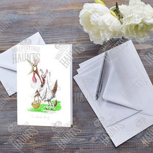 May include: A white card with a cartoon illustration of a turkey wearing a ghost costume and holding a basket of eggs. The card reads "The Easter Bunny".