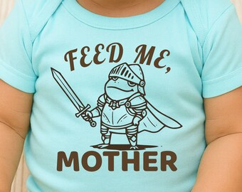 Body para bebé "Feed Me Mother", divertido conjunto de rana para bebé, body de caballero rana medieval, regalo de fantasía para baby shower, ropa divertida para recién nacidos
