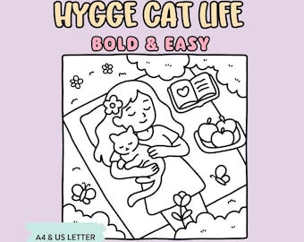 Hygge Cat Life Coloring Book - Hand Drawn and Bold Lines (Digital Download)