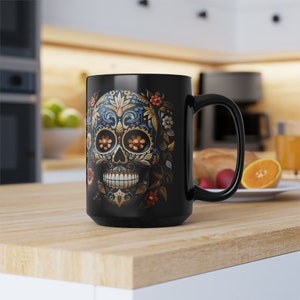 Dia de los Muertos, Sugar Skull, Day Of The Dead, Taza de café negra, 15 oz
