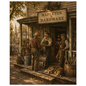 May include: A rustic hardware store exterior with a wooden sign reading MAPLETON HARDWARE. Three individuals in work clothes stand near the entrance, surrounded by wooden barrels, metal tools, and a golden dog resting on the porch floorboards.