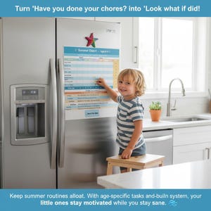 Può includere: Un bambino indica un programma di lavori domestici su un frigorifero. Il programma, intitolato "Summer Chart", include un elenco di compiti. È visibile un magnete a forma di stella. Il testo in alto recita: "Trasforma 'Hai fatto i tuoi lavori?' in 'Guarda cosa ho fatto!'"