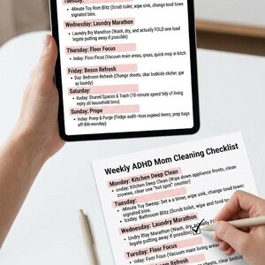 ADHDママのための掃除チェックリスト、神経多様性のある人のための週次家事表、機能的ミニマリズムのための家事プランナー、毎日のルーティンのデジタルダウンロード